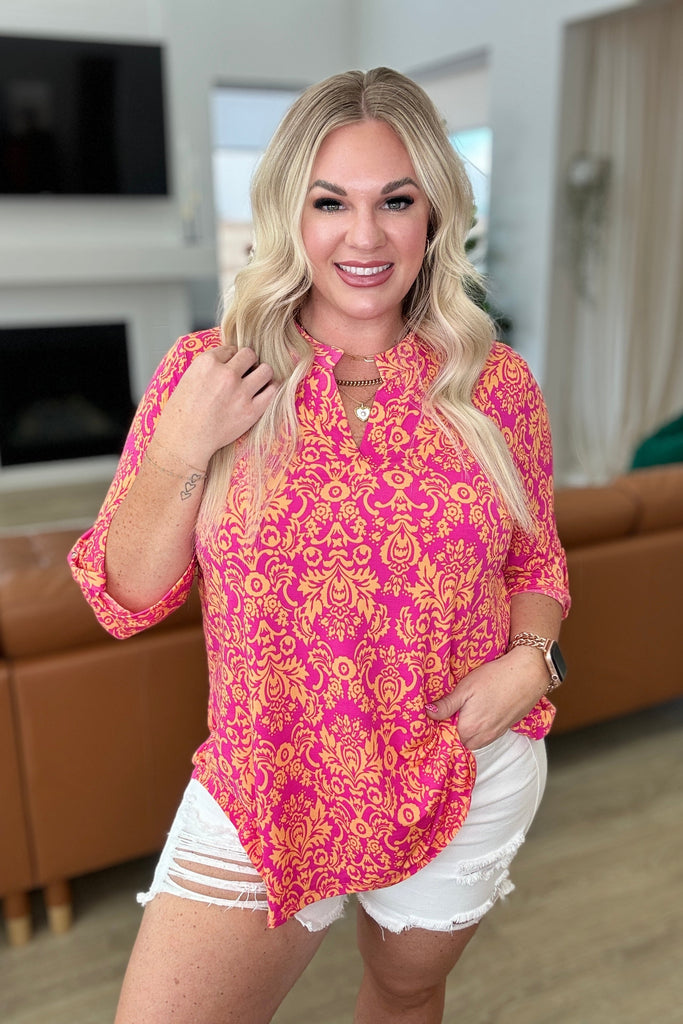 Lizzy Top in Hot Pink and Tangerine Damask-Tops-Timber Brooke Boutique, Online Women's Fashion Boutique in Amarillo, Texas