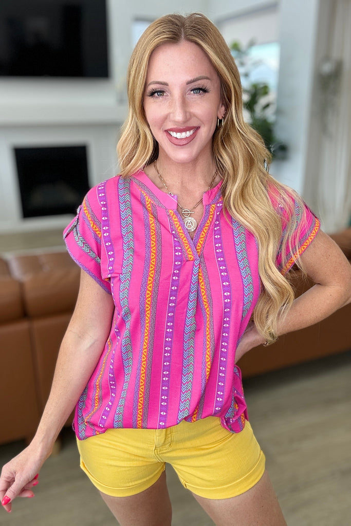 Lizzy Cap Sleeve Top in Hot Pink Stripe-Tops-Timber Brooke Boutique, Online Women's Fashion Boutique in Amarillo, Texas
