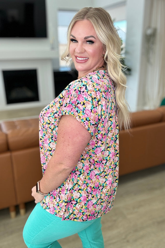 Lizzy Cap Sleeve Top in Navy and Rose Ditsy Floral-Tops-Timber Brooke Boutique, Online Women's Fashion Boutique in Amarillo, Texas