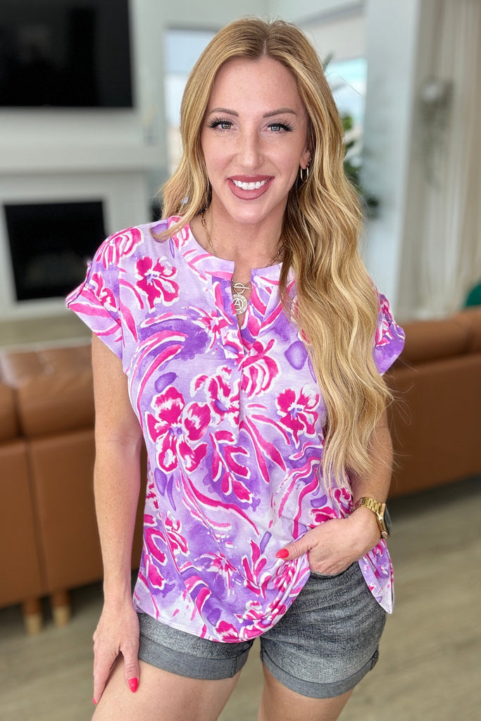 Lizzy Cap Sleeve Top in Purple and Hot Pink Watercolor-Tops-Timber Brooke Boutique, Online Women's Fashion Boutique in Amarillo, Texas