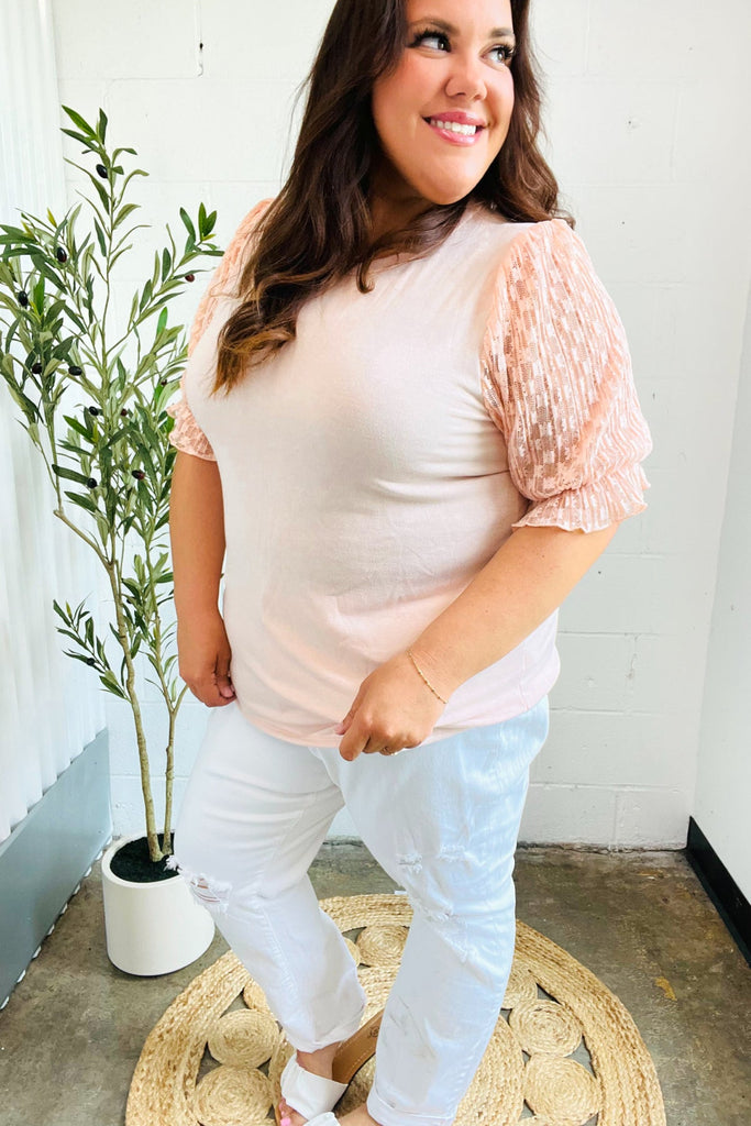 Pretty In Peach French Terry Lace Sleeve Top-Timber Brooke Boutique, Online Women's Fashion Boutique in Amarillo, Texas