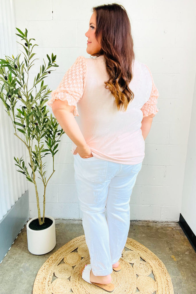 Pretty In Peach French Terry Lace Sleeve Top-Timber Brooke Boutique, Online Women's Fashion Boutique in Amarillo, Texas