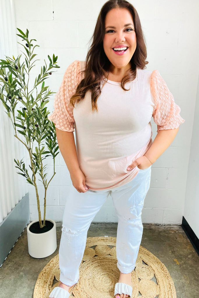 Pretty In Peach French Terry Lace Sleeve Top-Timber Brooke Boutique, Online Women's Fashion Boutique in Amarillo, Texas