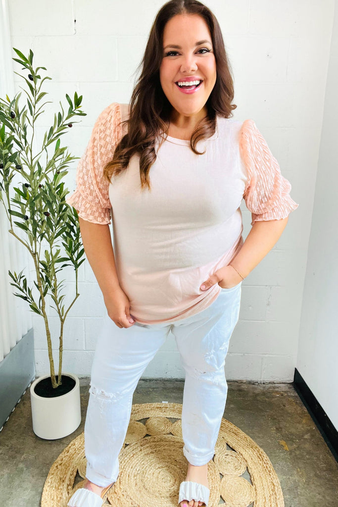 Pretty In Peach French Terry Lace Sleeve Top-Timber Brooke Boutique, Online Women's Fashion Boutique in Amarillo, Texas