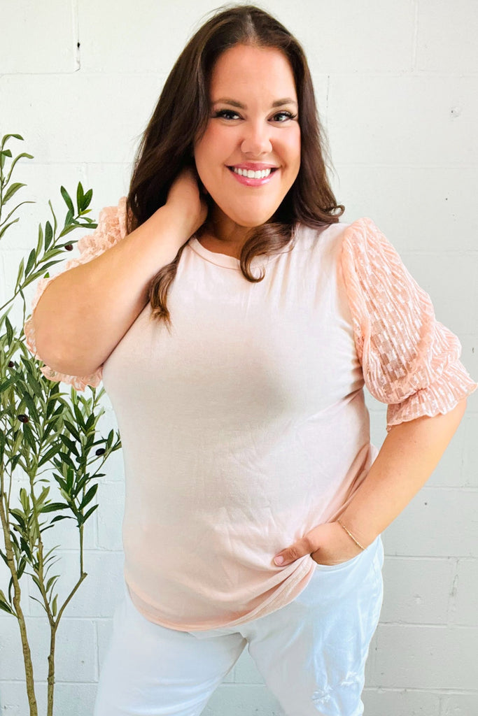 Pretty In Peach French Terry Lace Sleeve Top-Timber Brooke Boutique, Online Women's Fashion Boutique in Amarillo, Texas