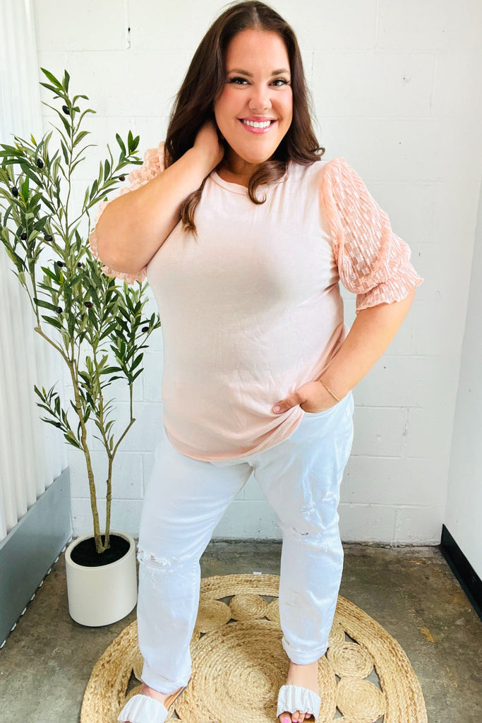 Pretty In Peach French Terry Lace Sleeve Top-Timber Brooke Boutique, Online Women's Fashion Boutique in Amarillo, Texas