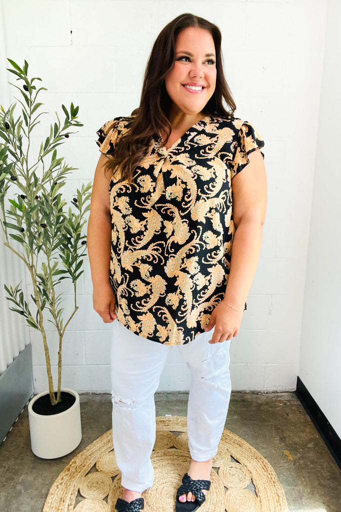 You Got This Black Paisley Print V Neck Flutter Sleeve Top-Timber Brooke Boutique, Online Women's Fashion Boutique in Amarillo, Texas