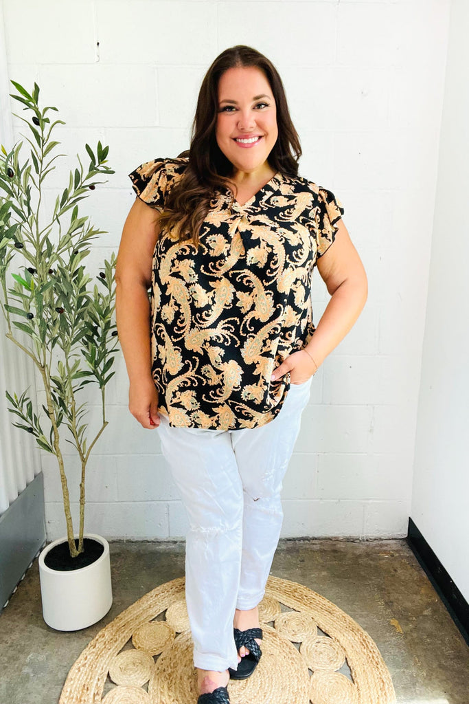 You Got This Black Paisley Print V Neck Flutter Sleeve Top-Timber Brooke Boutique, Online Women's Fashion Boutique in Amarillo, Texas