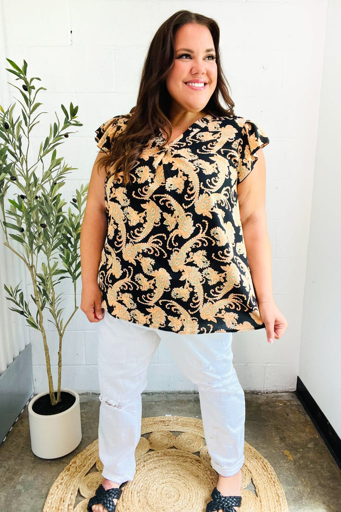 You Got This Black Paisley Print V Neck Flutter Sleeve Top-Timber Brooke Boutique, Online Women's Fashion Boutique in Amarillo, Texas