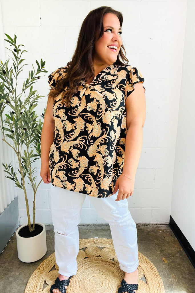 You Got This Black Paisley Print V Neck Flutter Sleeve Top-Timber Brooke Boutique, Online Women's Fashion Boutique in Amarillo, Texas