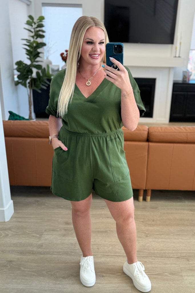 Short Sleeve V-Neck Romper in Army Green-Womens-Timber Brooke Boutique, Online Women's Fashion Boutique in Amarillo, Texas