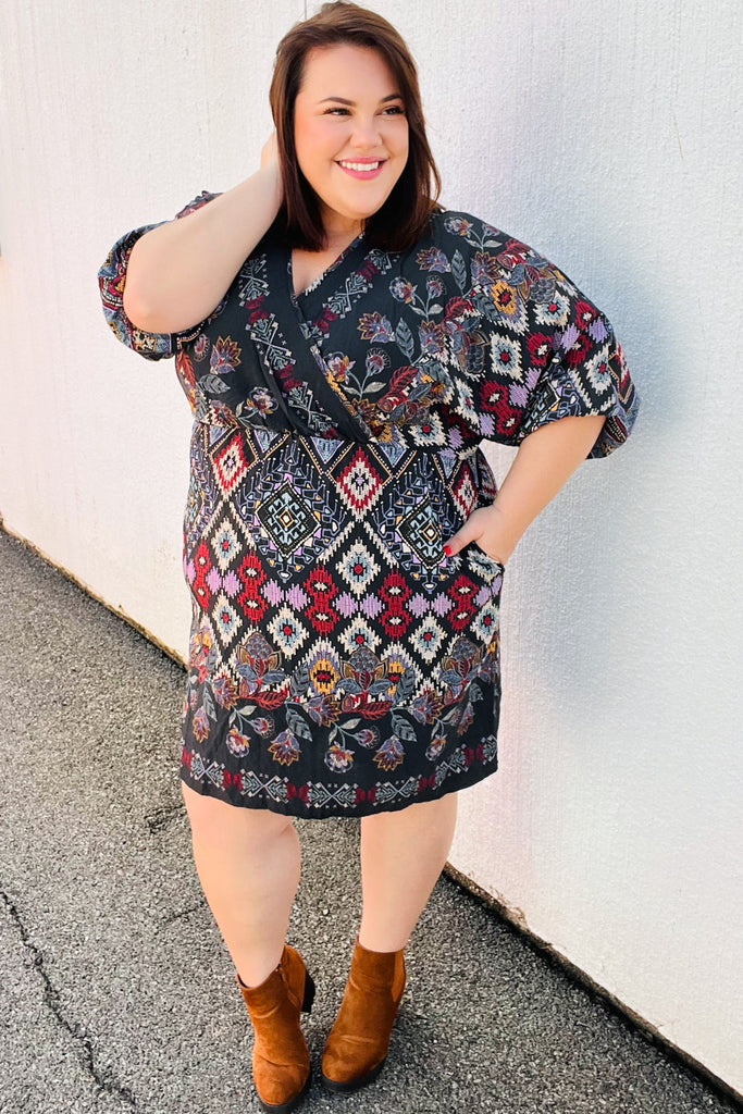 Straight To My Heart Charcoal Boho Paisley Surplice Dress-Timber Brooke Boutique, Online Women's Fashion Boutique in Amarillo, Texas