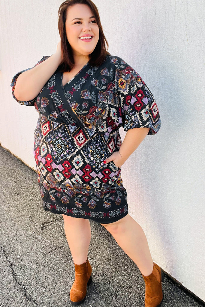 Straight To My Heart Charcoal Boho Paisley Surplice Dress-Timber Brooke Boutique, Online Women's Fashion Boutique in Amarillo, Texas