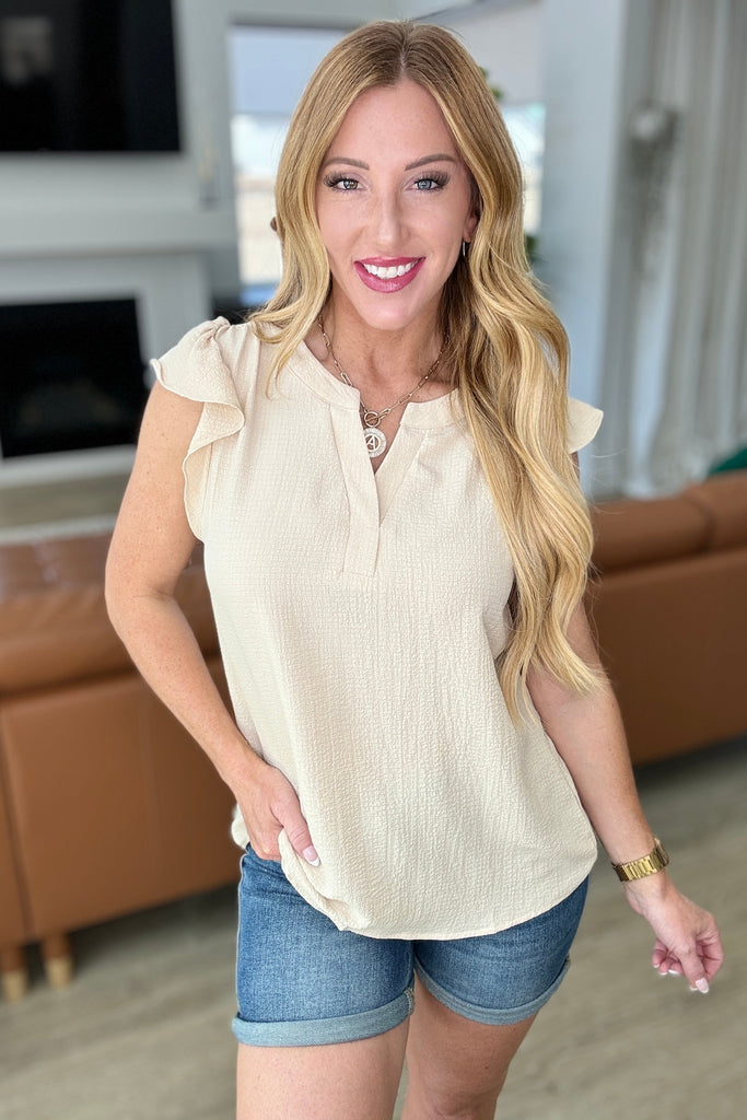 Crinkle Split Neckline Flutter Sleeve Top in Taupe-Tops-Timber Brooke Boutique, Online Women's Fashion Boutique in Amarillo, Texas