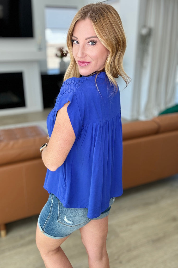 Pleat Detail Button Up Blouse in Royal Blue-Tops-Timber Brooke Boutique, Online Women's Fashion Boutique in Amarillo, Texas