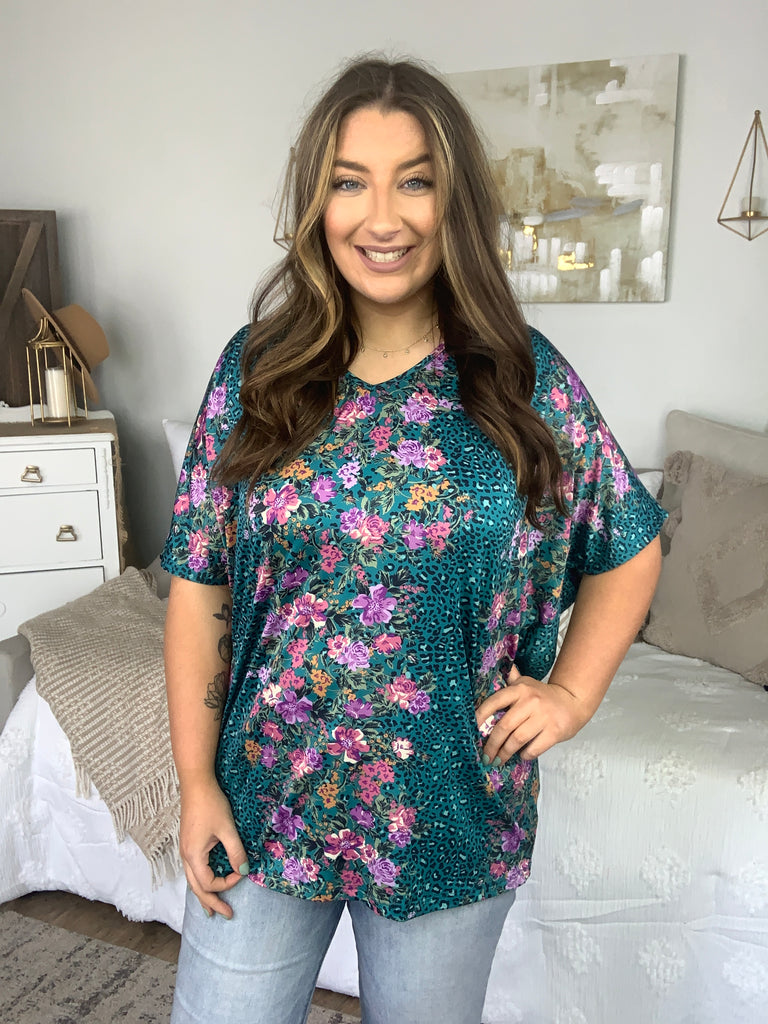 PREORDER! Teal Leopard Floral Dolman Top-Short Sleeve Top-Timber Brooke Boutique, Online Women's Fashion Boutique in Amarillo, Texas