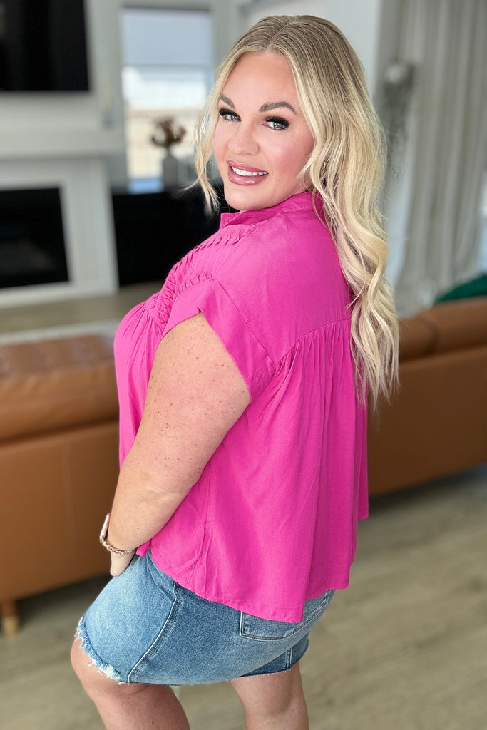 Pleat Detail Button Up Blouse in Hot Pink-Tops-Timber Brooke Boutique, Online Women's Fashion Boutique in Amarillo, Texas