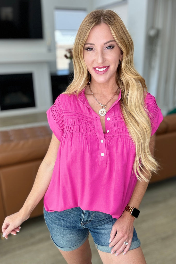 Pleat Detail Button Up Blouse in Hot Pink-Tops-Timber Brooke Boutique, Online Women's Fashion Boutique in Amarillo, Texas