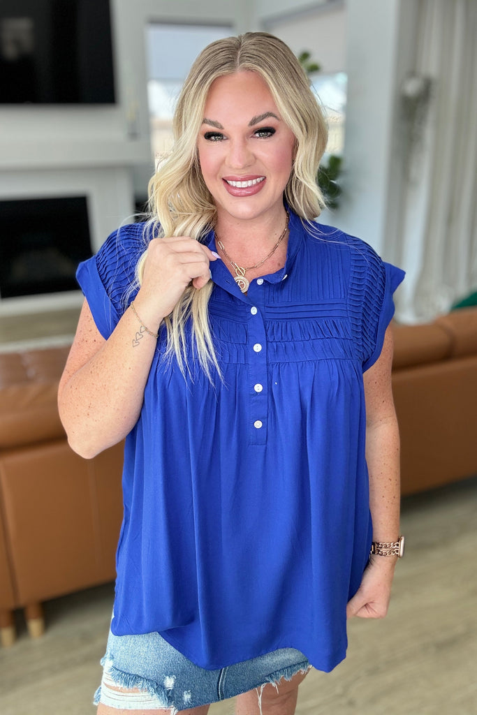 Pleat Detail Button Up Blouse in Royal Blue-Tops-Timber Brooke Boutique, Online Women's Fashion Boutique in Amarillo, Texas