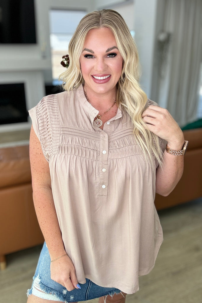 Pleat Detail Button Up Blouse in Taupe-Tops-Timber Brooke Boutique, Online Women's Fashion Boutique in Amarillo, Texas
