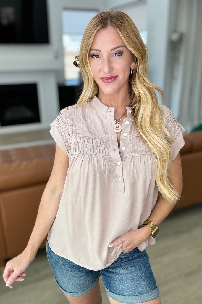 Pleat Detail Button Up Blouse in Taupe-Tops-Timber Brooke Boutique, Online Women's Fashion Boutique in Amarillo, Texas