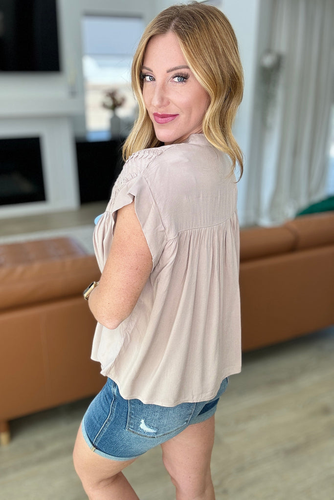 Pleat Detail Button Up Blouse in Taupe-Tops-Timber Brooke Boutique, Online Women's Fashion Boutique in Amarillo, Texas