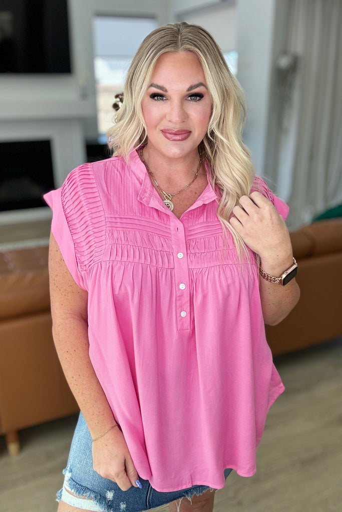Pleat Detail Button Up Blouse in Pink Cosmos-Tops-Timber Brooke Boutique, Online Women's Fashion Boutique in Amarillo, Texas