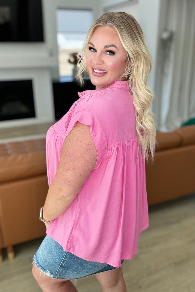 Pleat Detail Button Up Blouse in Pink Cosmos-Tops-Timber Brooke Boutique, Online Women's Fashion Boutique in Amarillo, Texas