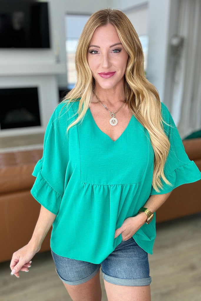 Airflow Peplum Ruffle Sleeve Top in Emerald-Tops-Timber Brooke Boutique, Online Women's Fashion Boutique in Amarillo, Texas