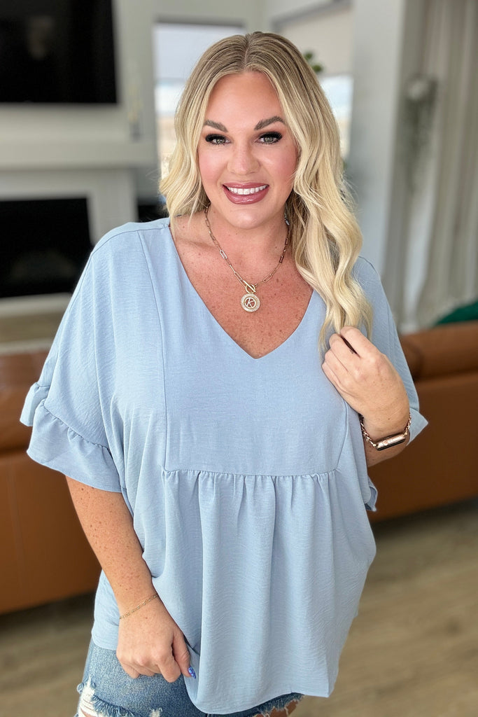 Airflow Peplum Ruffle Sleeve Top in Chambray-Tops-Timber Brooke Boutique, Online Women's Fashion Boutique in Amarillo, Texas