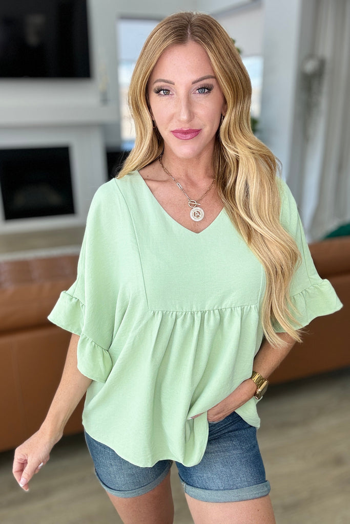 Airflow Peplum Ruffle Sleeve Top in Sage-Tops-Timber Brooke Boutique, Online Women's Fashion Boutique in Amarillo, Texas