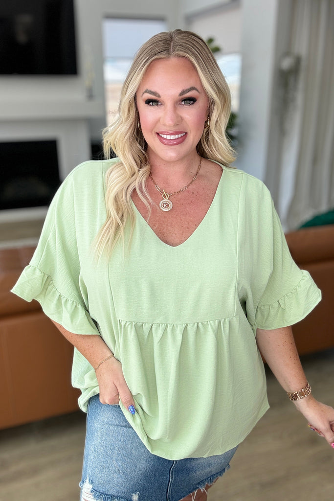 Airflow Peplum Ruffle Sleeve Top in Sage-Tops-Timber Brooke Boutique, Online Women's Fashion Boutique in Amarillo, Texas