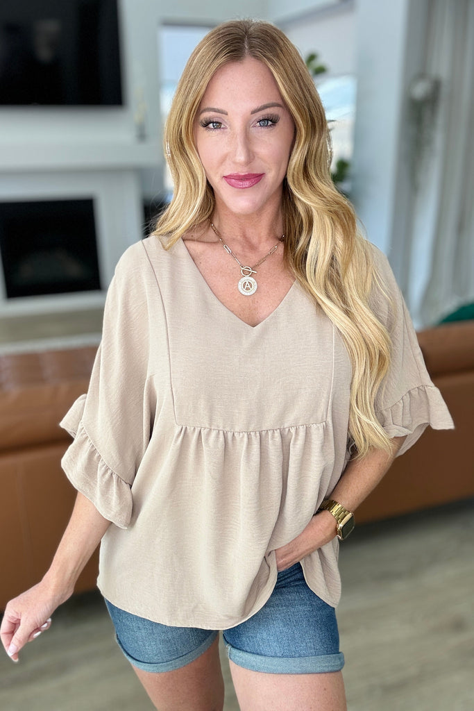 Airflow Peplum Ruffle Sleeve Top in Taupe-Tops-Timber Brooke Boutique, Online Women's Fashion Boutique in Amarillo, Texas