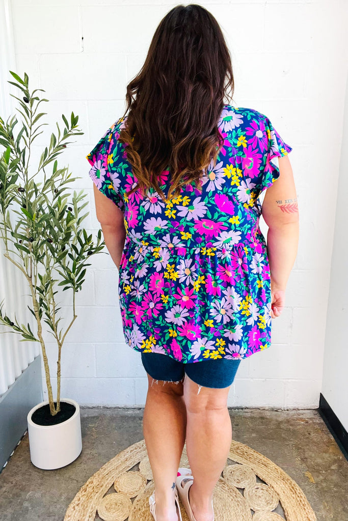 Perfectly You Navy & Lilac Floral Print Ruffle Sleeve Babydoll Top-Timber Brooke Boutique, Online Women's Fashion Boutique in Amarillo, Texas