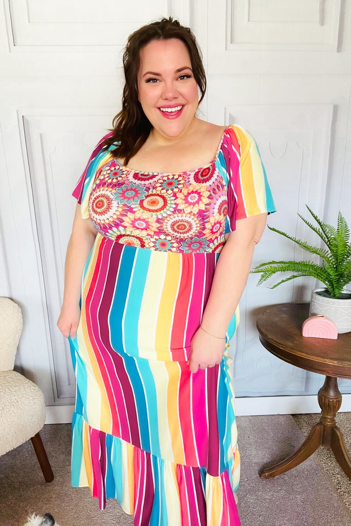 Feeling Bold Fuchsia & Teal Striped Medallion Crochet Print Top-Timber Brooke Boutique, Online Women's Fashion Boutique in Amarillo, Texas
