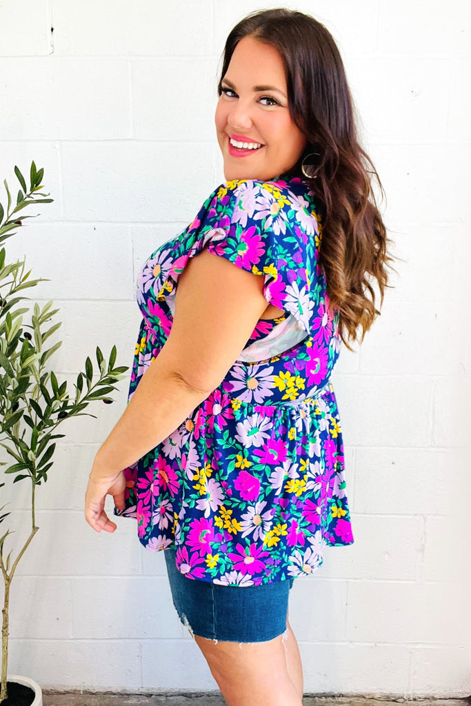 Perfectly You Navy & Lilac Floral Print Ruffle Sleeve Babydoll Top-Timber Brooke Boutique, Online Women's Fashion Boutique in Amarillo, Texas