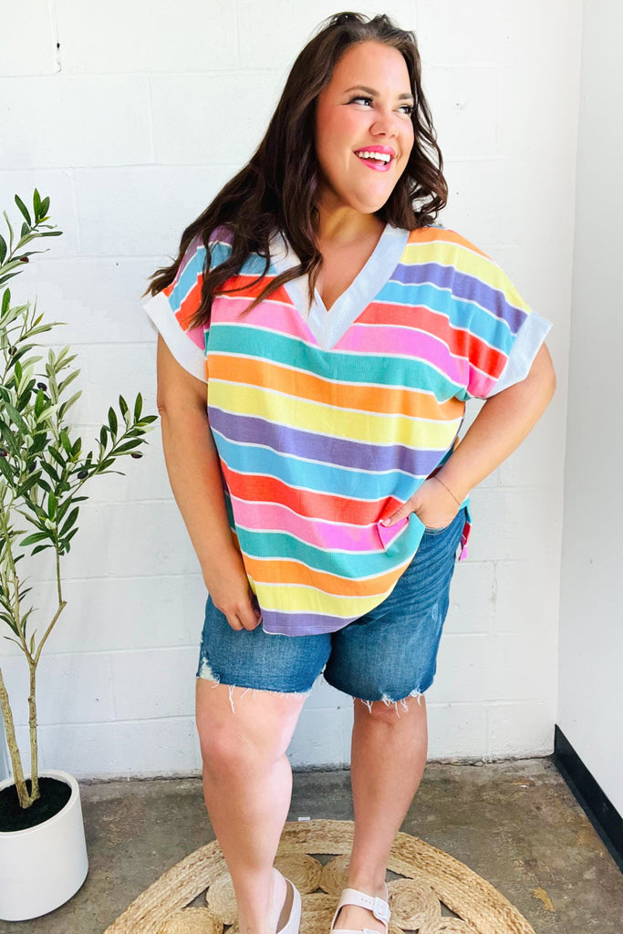 Sieze The Day Rainbow Striped V Neck Drop Shoulder Thermal Knit Top-Timber Brooke Boutique, Online Women's Fashion Boutique in Amarillo, Texas