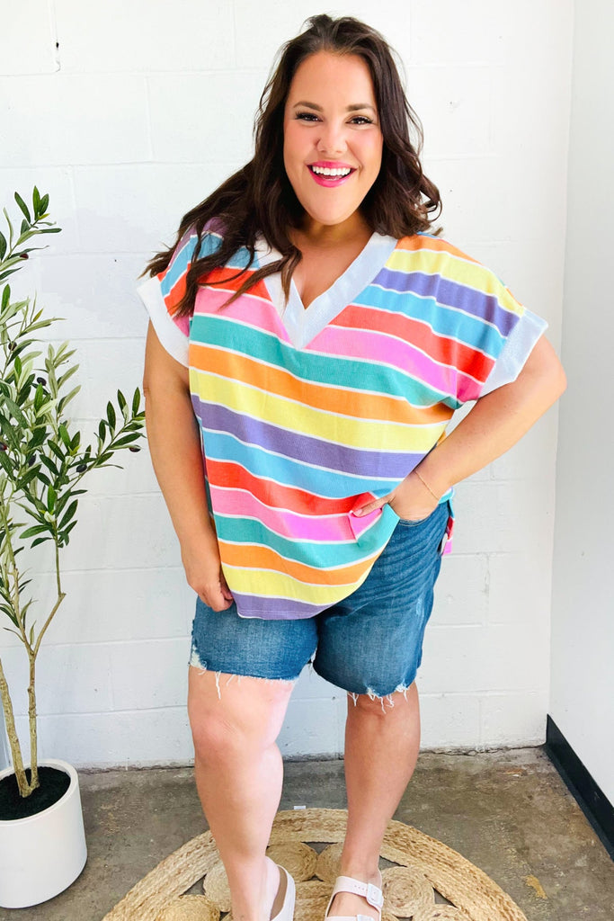 Sieze The Day Rainbow Striped V Neck Drop Shoulder Thermal Knit Top-Timber Brooke Boutique, Online Women's Fashion Boutique in Amarillo, Texas