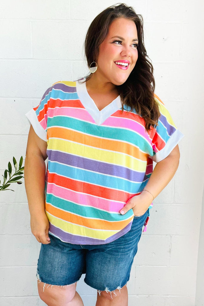 Sieze The Day Rainbow Striped V Neck Drop Shoulder Thermal Knit Top-Timber Brooke Boutique, Online Women's Fashion Boutique in Amarillo, Texas