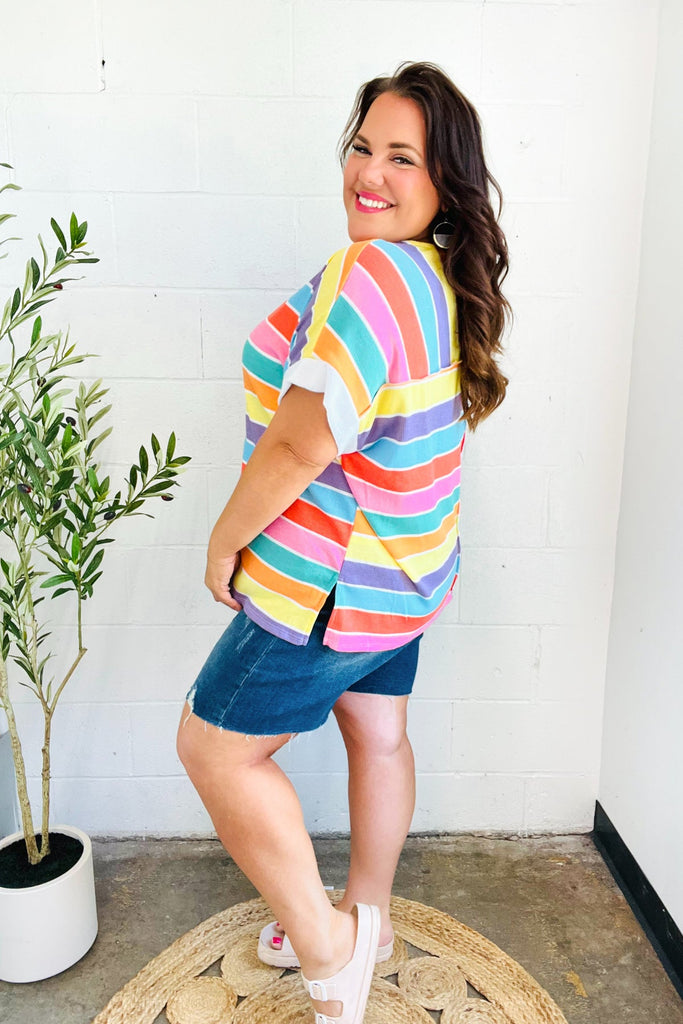 Sieze The Day Rainbow Striped V Neck Drop Shoulder Thermal Knit Top-Timber Brooke Boutique, Online Women's Fashion Boutique in Amarillo, Texas