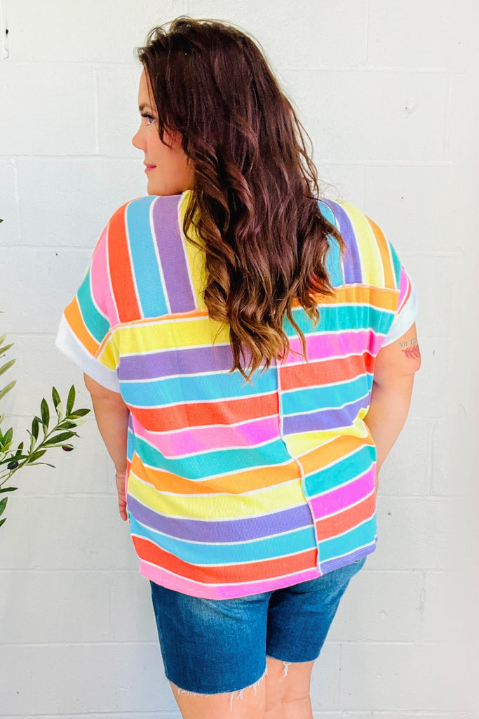 Sieze The Day Rainbow Striped V Neck Drop Shoulder Thermal Knit Top-Timber Brooke Boutique, Online Women's Fashion Boutique in Amarillo, Texas