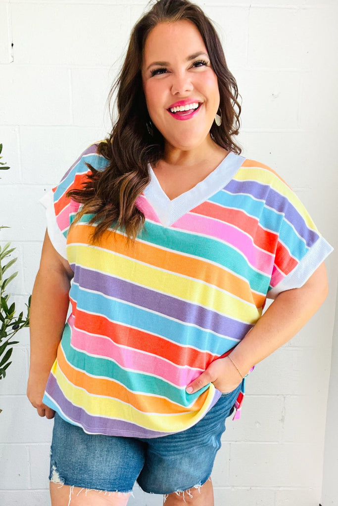 Sieze The Day Rainbow Striped V Neck Drop Shoulder Thermal Knit Top-Timber Brooke Boutique, Online Women's Fashion Boutique in Amarillo, Texas