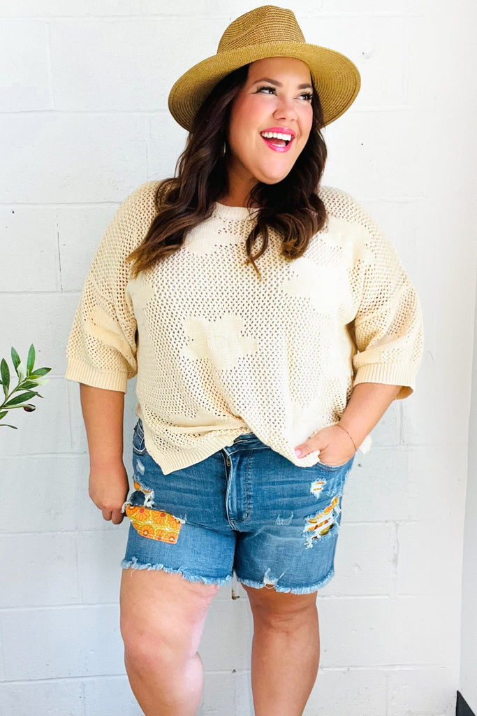 Feel Charming Oatmeal Floral Netted Crochet 3/4 Sleeve Sweater Top-Timber Brooke Boutique, Online Women's Fashion Boutique in Amarillo, Texas