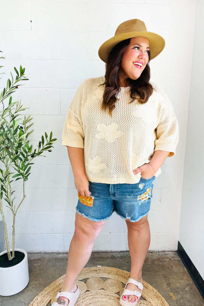 Feel Charming Oatmeal Floral Netted Crochet 3/4 Sleeve Sweater Top-Timber Brooke Boutique, Online Women's Fashion Boutique in Amarillo, Texas