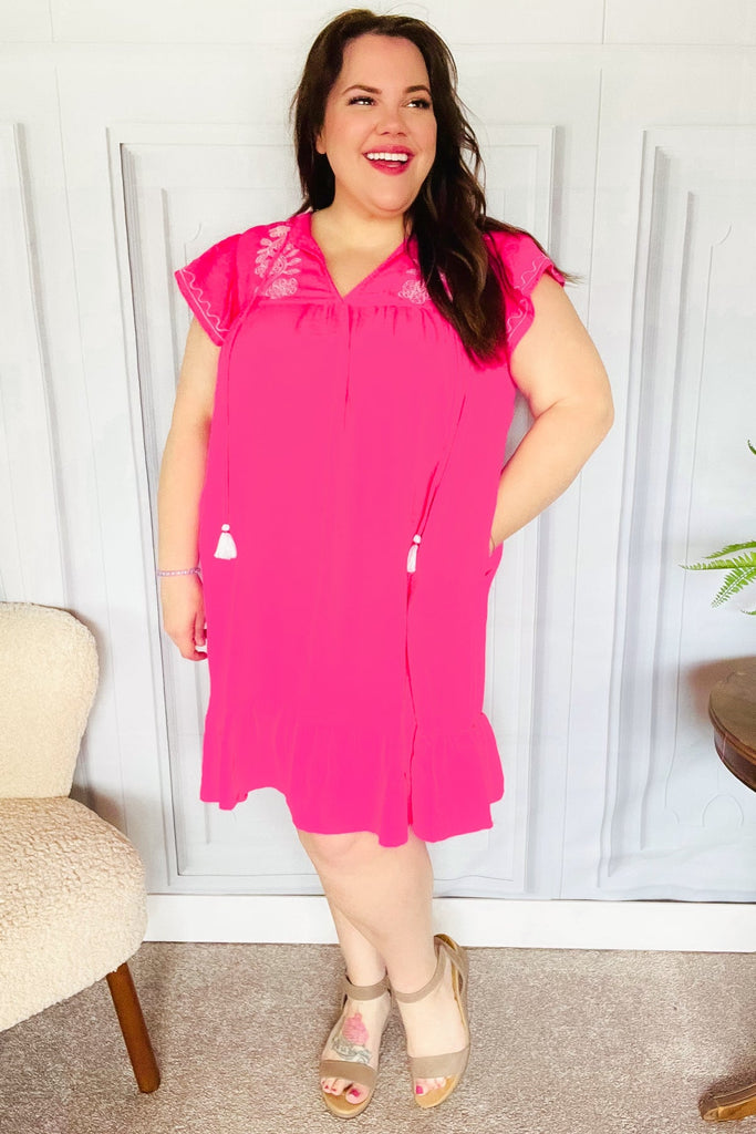 Bright Thoughts Hot Pink Embroidered Notched Neck Tassel Dress-Timber Brooke Boutique, Online Women's Fashion Boutique in Amarillo, Texas