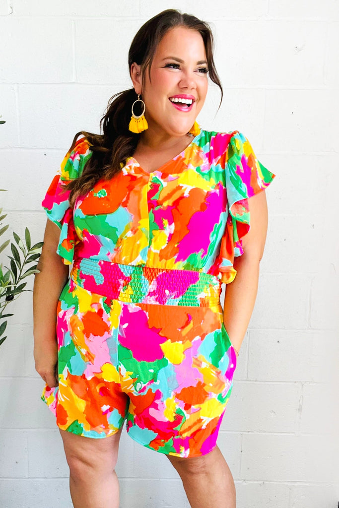 Under The Sun Abstract Floral Smocked Waist V Neck Flutter Sleeve Romper-Timber Brooke Boutique, Online Women's Fashion Boutique in Amarillo, Texas