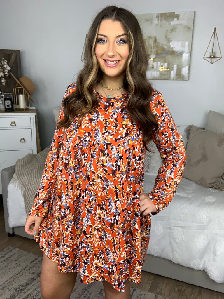 Rust & Chocolate Floral Long Sleeve Babydoll Dress-Dresses-Timber Brooke Boutique, Online Women's Fashion Boutique in Amarillo, Texas