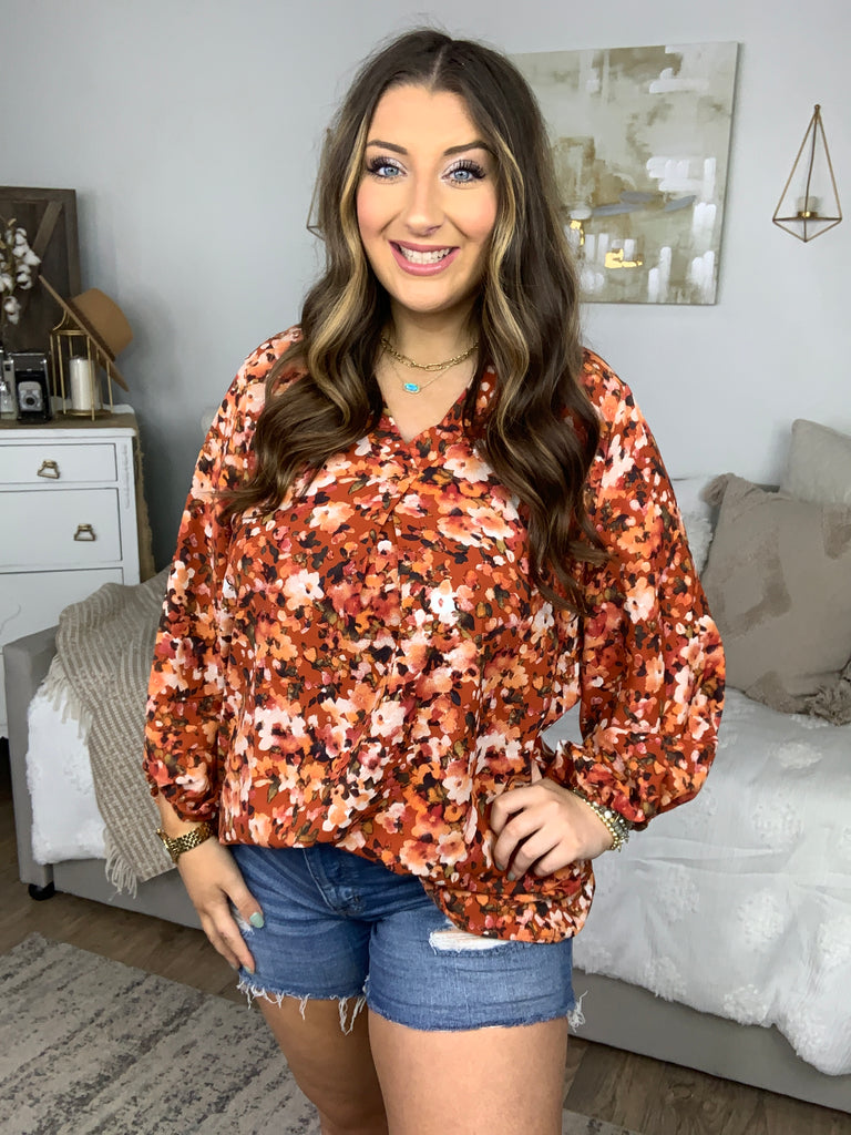 Rust Floral Print V Neck Woven Top-Long Sleeve Tops-Timber Brooke Boutique, Online Women's Fashion Boutique in Amarillo, Texas