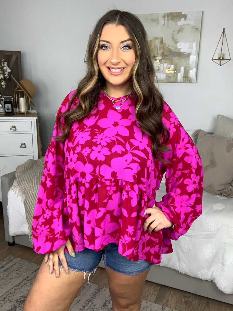 Red & Magenta Floral V Neck Woven Babydoll Top-Long Sleeve Tops-Timber Brooke Boutique, Online Women's Fashion Boutique in Amarillo, Texas
