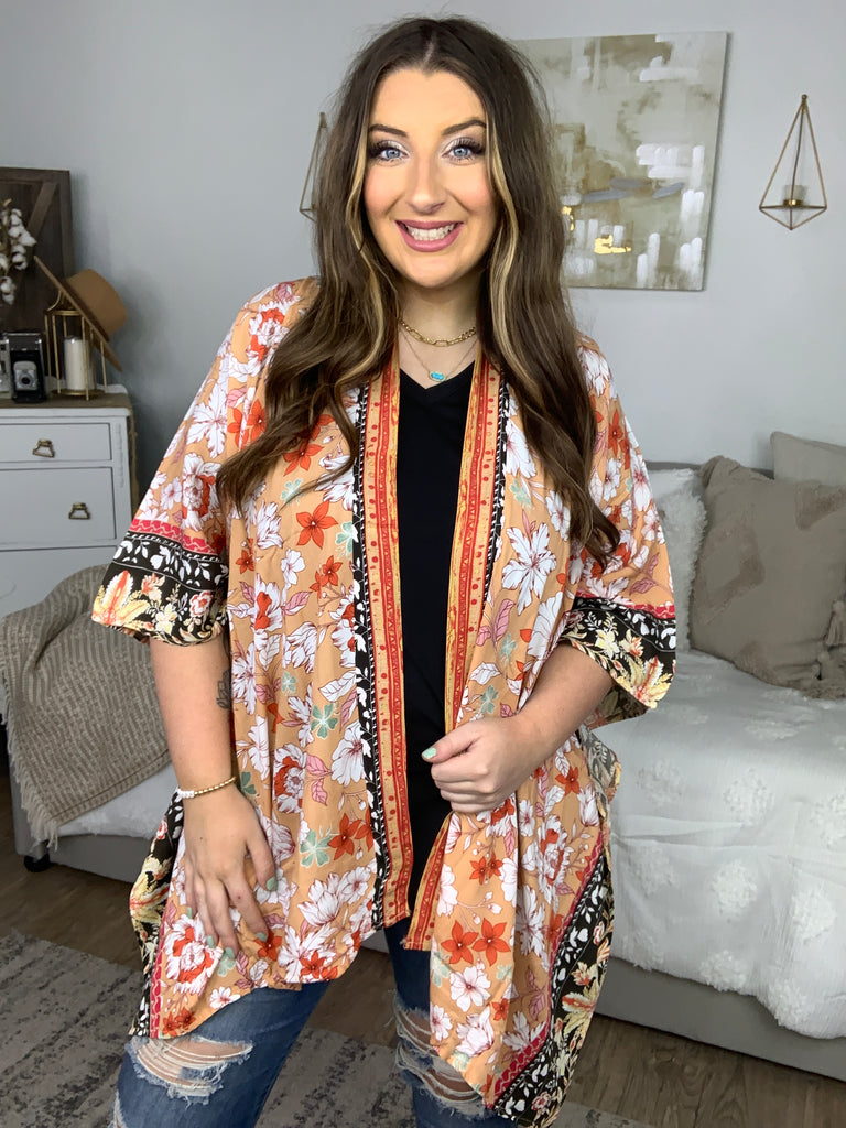 Peachy Keen Floral Kimono-Kimonos-Timber Brooke Boutique, Online Women's Fashion Boutique in Amarillo, Texas